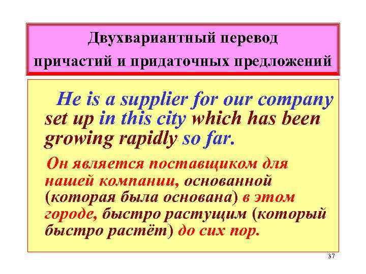 Двухвариантный перевод причастий и придаточных предложений He is a supplier for our company set