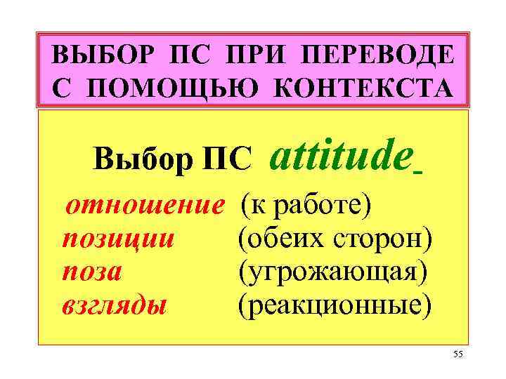 ВЫБОР ПС ПРИ ПЕРЕВОДЕ С ПОМОЩЬЮ КОНТЕКСТА Выбор ПС отношение позиции поза взгляды attitude