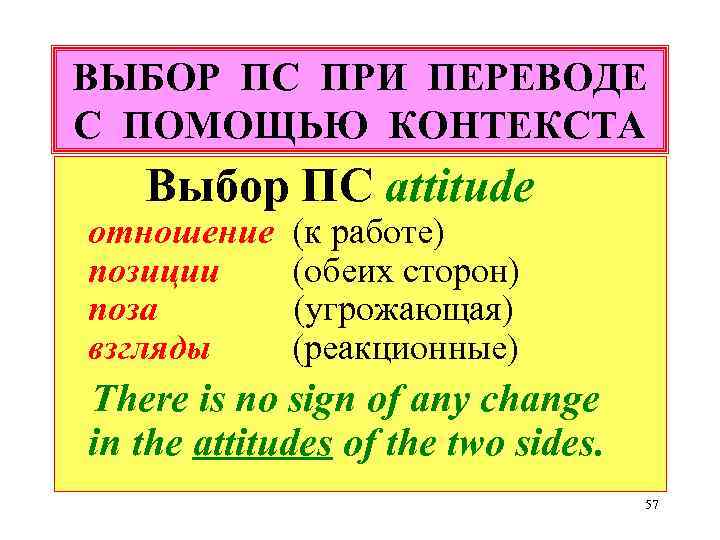 ВЫБОР ПС ПРИ ПЕРЕВОДЕ С ПОМОЩЬЮ КОНТЕКСТА Выбор ПС attitude отношение позиции поза взгляды