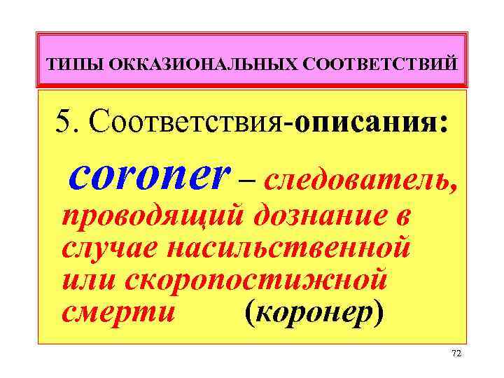 ТИПЫ ОККАЗИОНАЛЬНЫХ СООТВЕТСТВИЙ 5. Соответствия-описания: coroner – следователь, проводящий дознание в случае насильственной или