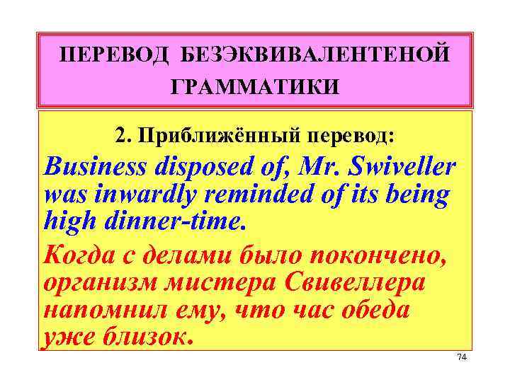 ПЕРЕВОД БЕЗЭКВИВАЛЕНТЕНОЙ ГРАММАТИКИ 2. Приближённый перевод: Business disposed of, Mr. Swiveller was inwardly reminded