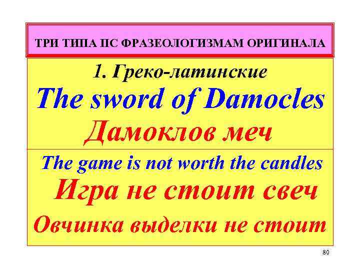 ТРИ ТИПА ПС ФРАЗЕОЛОГИЗМАМ ОРИГИНАЛА 1. Греко-латинские The sword of Damocles Дамоклов меч The