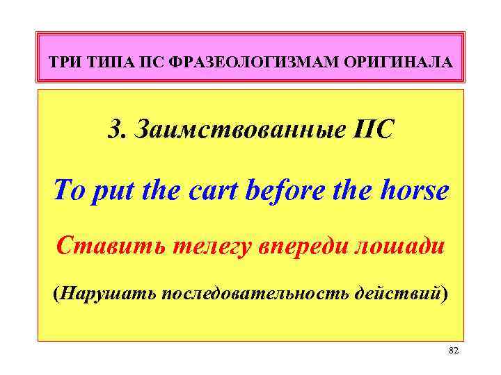 ТРИ ТИПА ПС ФРАЗЕОЛОГИЗМАМ ОРИГИНАЛА 3. Заимствованные ПС To put the cart before the