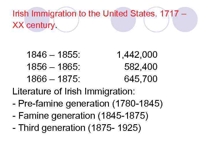 Irish Immigration to the United States. 1717 – XX century. 1846 – 1855: 1,