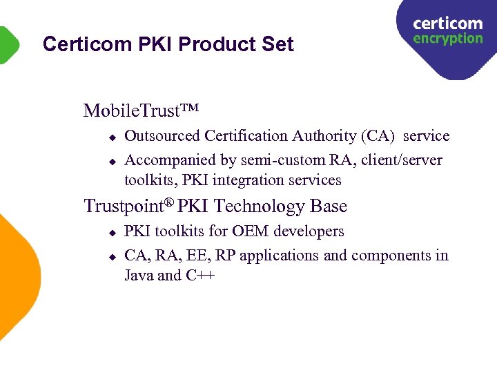 Certicom PKI Product Set Mobile. Trust™ u u Outsourced Certification Authority (CA) service Accompanied
