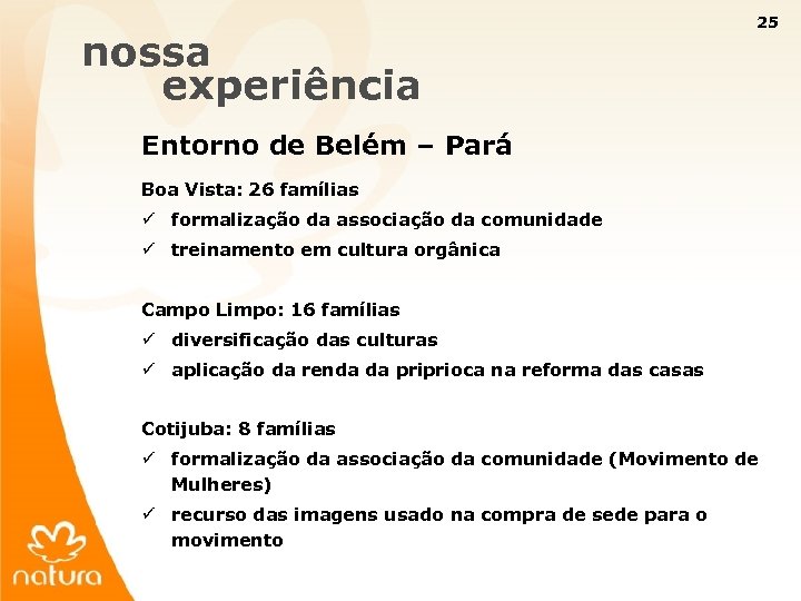 25 nossa experiência Entorno de Belém – Pará Boa Vista: 26 famílias ü formalização