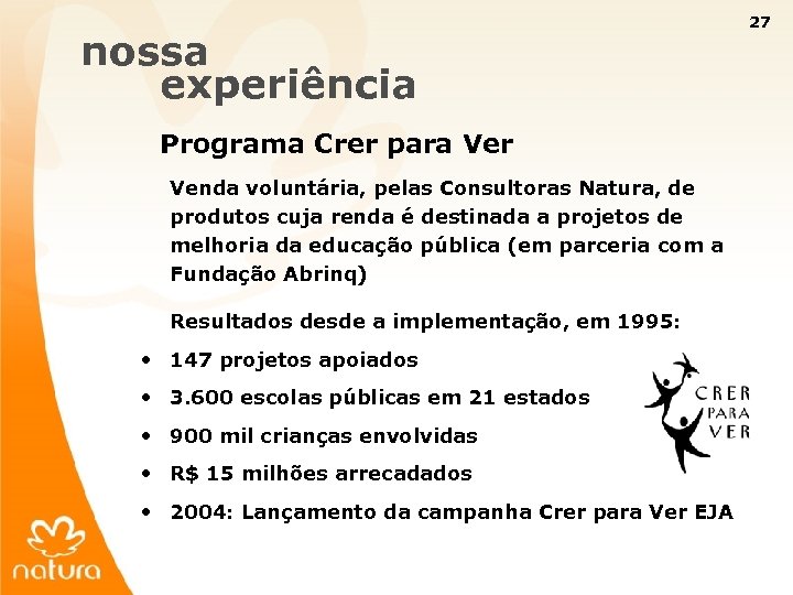 27 nossa experiência Programa Crer para Ver Venda voluntária, pelas Consultoras Natura, de produtos