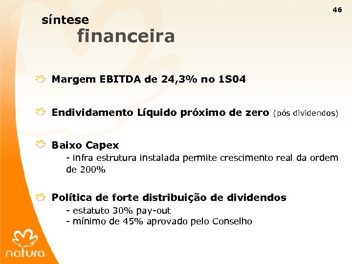 46 síntese financeira Margem EBITDA de 24, 3% no 1 S 04 Endividamento Líquido