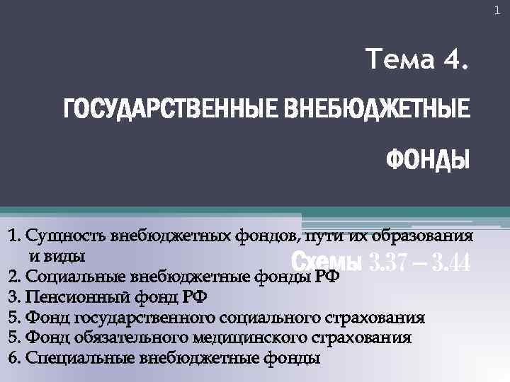 1 Тема 4. ГОСУДАРСТВЕННЫЕ ВНЕБЮДЖЕТНЫЕ ФОНДЫ 1. Сущность внебюджетных фондов, пути их образования и