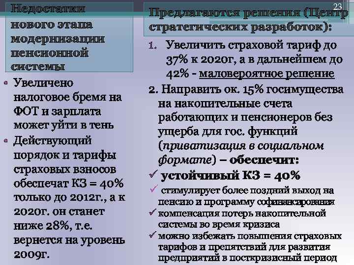 Недостатки нового этапа модернизации пенсионной системы • Увеличено налоговое бремя на ФОТ и зарплата