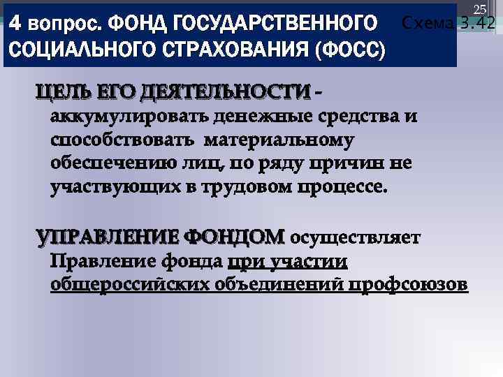 4 вопрос. ФОНД ГОСУДАРСТВЕННОГО СОЦИАЛЬНОГО СТРАХОВАНИЯ (ФОСС) 25 Схема 3. 42 ЦЕЛЬ ЕГО ДЕЯТЕЛЬНОСТИ