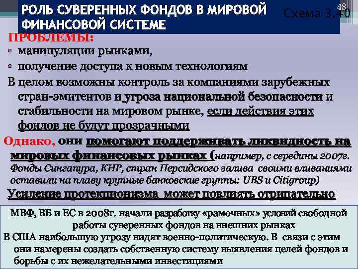 48 РОЛЬ СУВЕРЕННЫХ ФОНДОВ В МИРОВОЙ Схема 3. 40 ФИНАНСОВОЙ СИСТЕМЕ ПРОБЛЕМЫ: • манипуляции