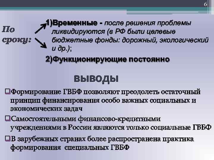6 По сроку: 1)Временные - после решения проблемы ликвидируются (в РФ были целевые бюджетные