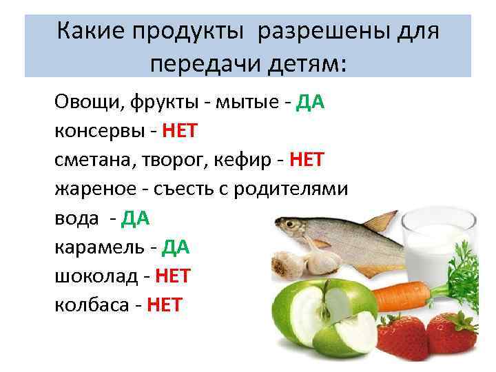 Какие продукты разрешены для передачи детям: Овощи, фрукты - мытые - ДА консервы -