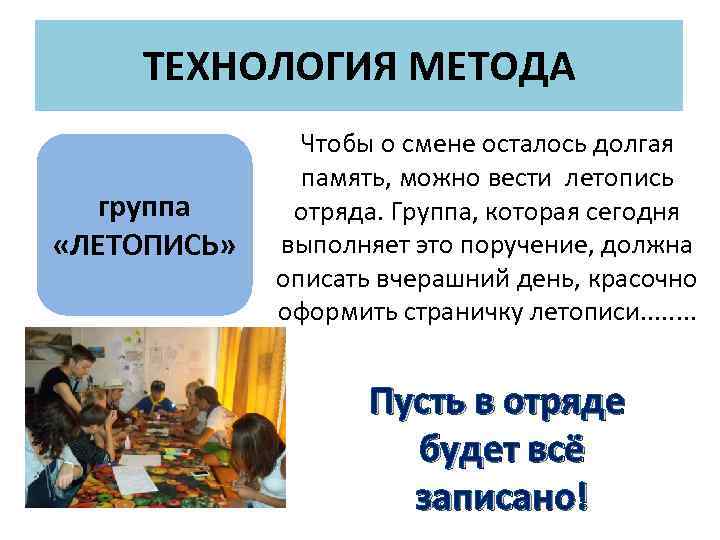 ТЕХНОЛОГИЯ МЕТОДА группа «ЛЕТОПИСЬ» Чтобы о смене осталось долгая память, можно вести летопись отряда.