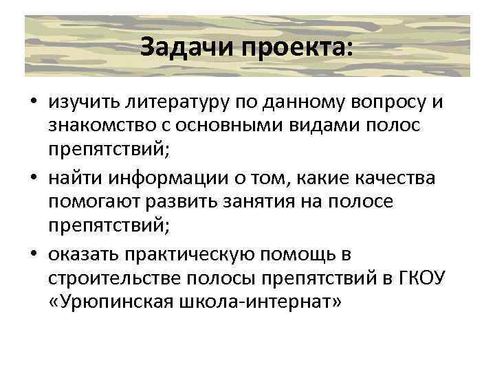 Задачи проекта: • изучить литературу по данному вопросу и знакомство с основными видами полос