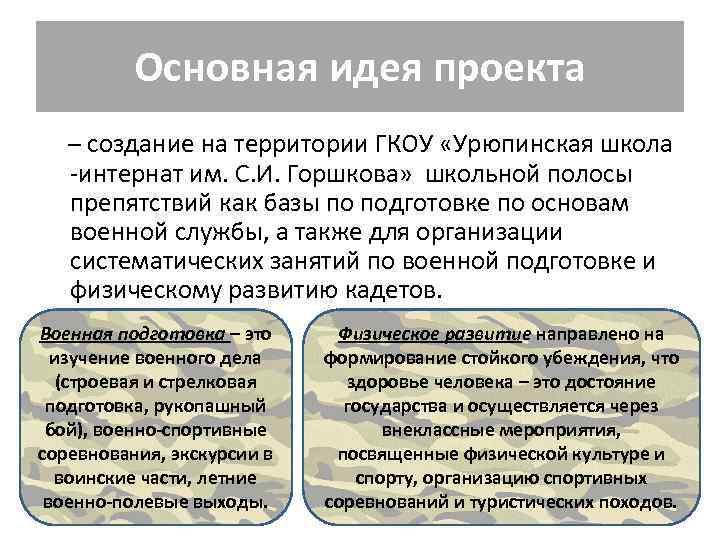 Основная идея проекта – создание на территории ГКОУ «Урюпинская школа -интернат им. С. И.