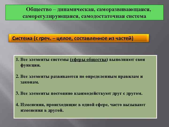 Общество – динамическая, саморазвивающаяся, саморегулирующаяся, самодостаточная система Система (с греч. – целое, составленное из