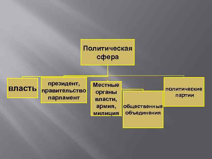 Политическая сфера власть президент, правительство парламент Местные политические органы партии власти, армия, общественные милиция