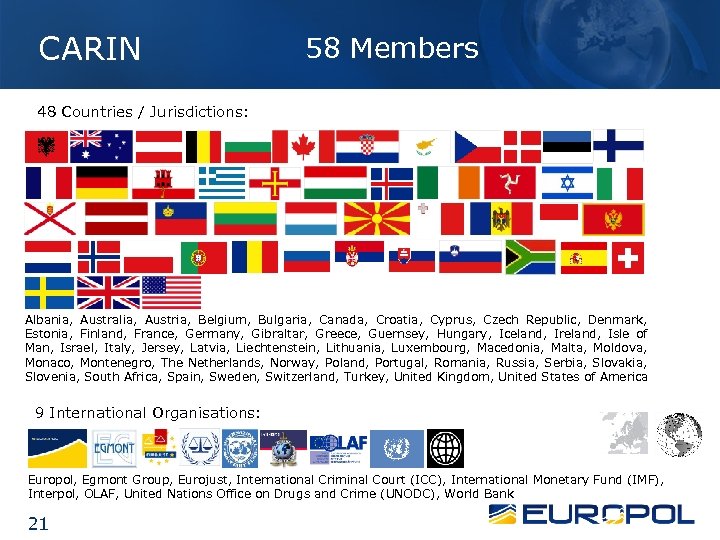 CARIN 58 Members 48 Countries / Jurisdictions: Albania, Australia, Austria, Belgium, Bulgaria, Canada, Croatia,