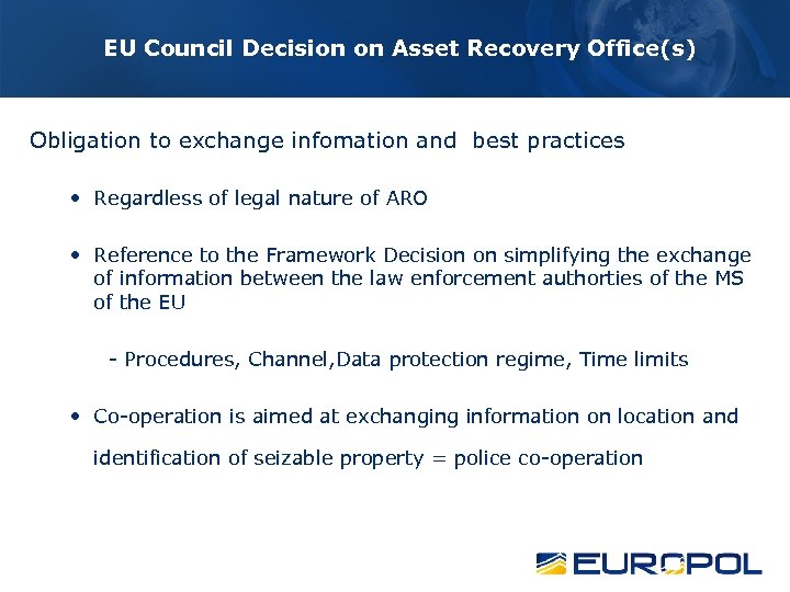 EU Council Decision on Asset Recovery Office(s) Obligation to exchange infomation and best practices