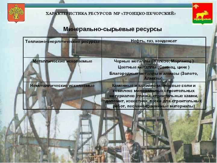 ХАРАКТЕРИСТИКА РЕСУРСОВ МР «ТРОИЦКО-ПЕЧОРСКИЙ» Минерально-сырьевые ресурсы Топливно-энергетические ресурсы Нефть, газ, конденсат Металлические ископаемые Черные