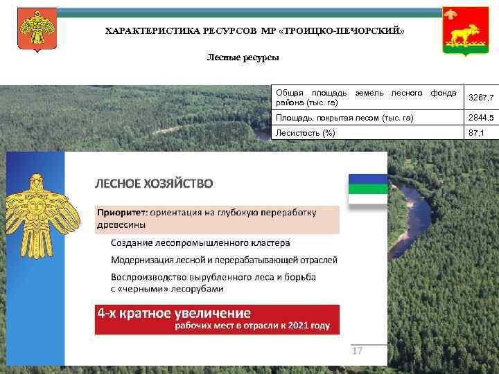 ХАРАКТЕРИСТИКА РЕСУРСОВ МР «ТРОИЦКО-ПЕЧОРСКИЙ» Лесные ресурсы Общая площадь района (тыс. га) земель лесного фонда
