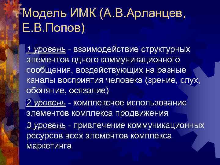 Модель ИМК (А. В. Арланцев, Е. В. Попов) 1 уровень - взаимодействие структурных элементов