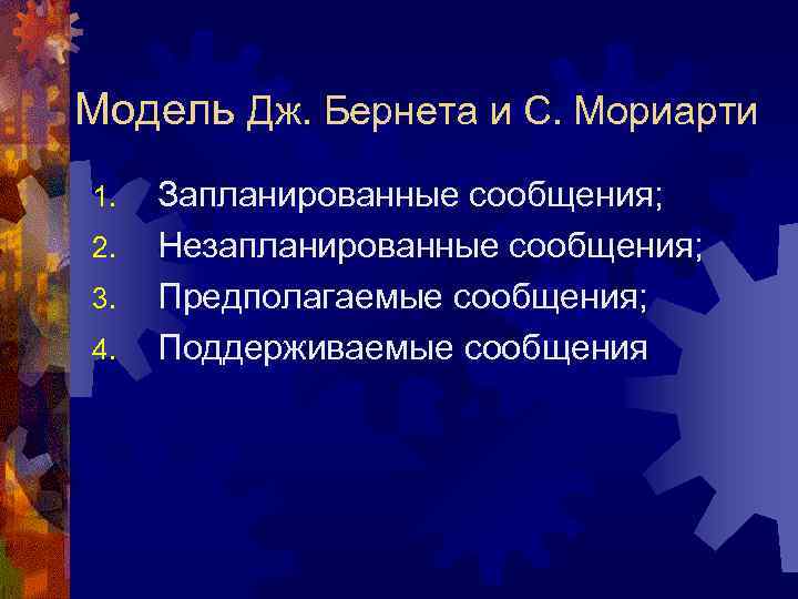 Модель Дж. Бернета и С. Мориарти 1. 2. 3. 4. Запланированные сообщения; Незапланированные сообщения;