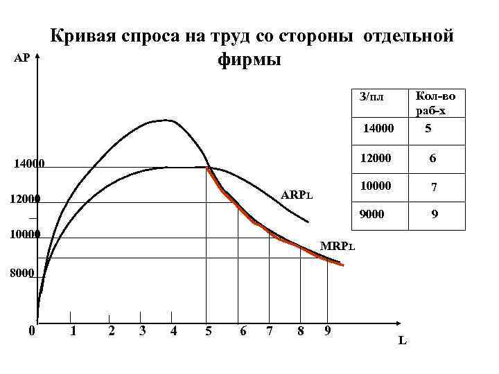 АР Кривая спроса на труд со стороны отдельной фирмы 14000 Кол-во раб-х 5 12000