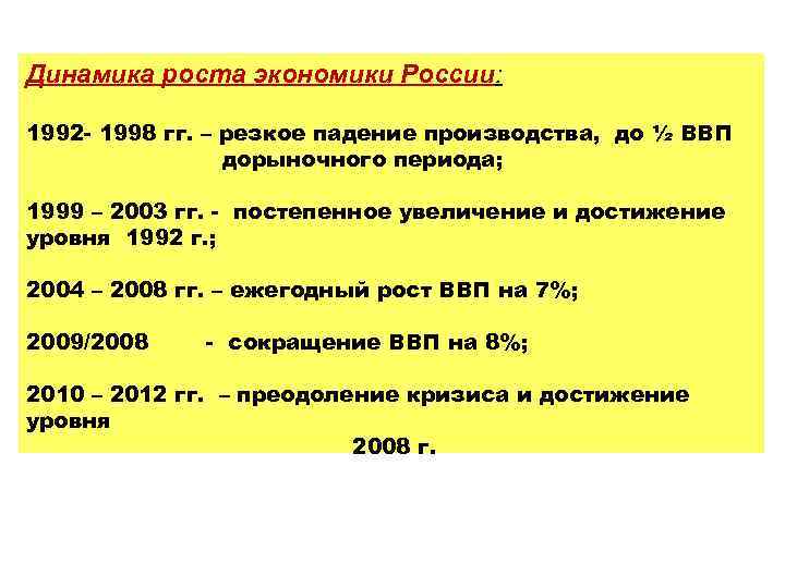 Динамика роста экономики России: 1992 - 1998 гг. – резкое падение производства, до ½