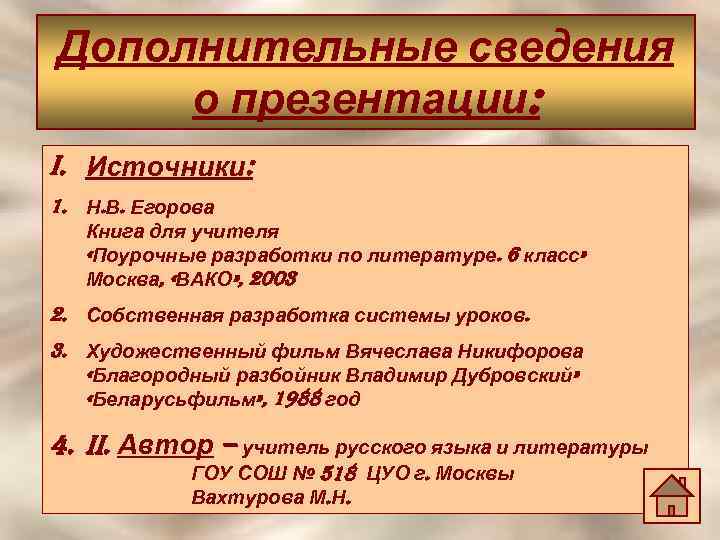 Дополнительные сведения о презентации: i. Источники: 1. Н. В. Егорова Книга для учителя «Поурочные