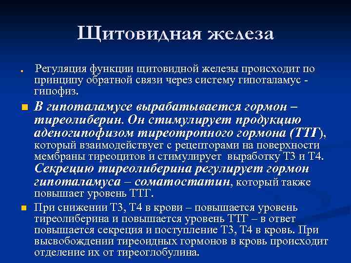 Щитовидная железа n n Регуляция функции щитовидной железы происходит по принципу обратной связи через