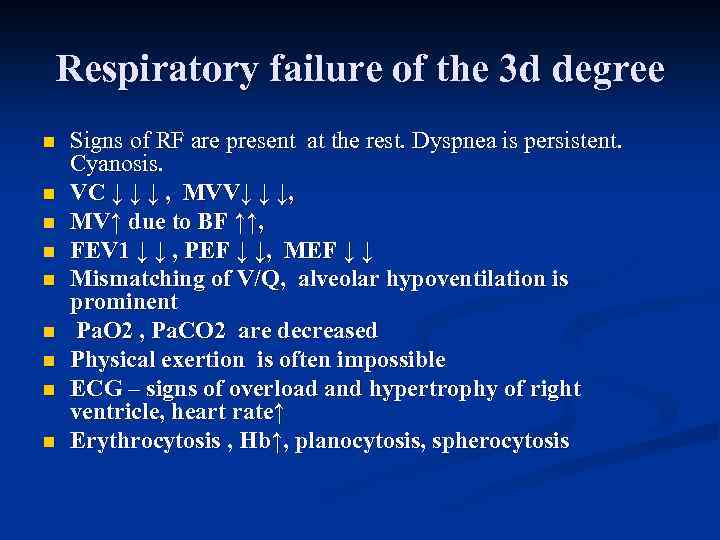 Respiratory failure of the 3 d degree n n n n n Signs of