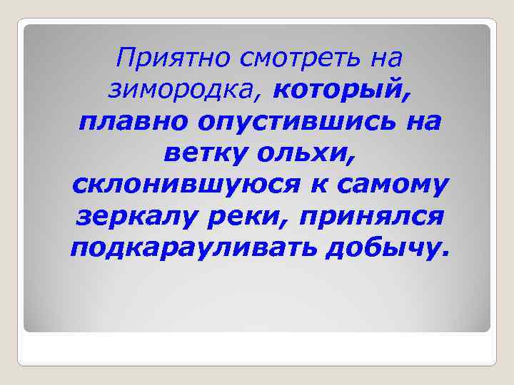  Приятно смотреть на зимородка, который, плавно опустившись на ветку ольхи, склонившуюся к самому