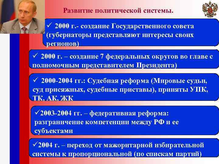 Основные тенденции политического развития. Развитие политической системы. Политические реформы 2000. Политическая система 2000. Формирование политической системы.