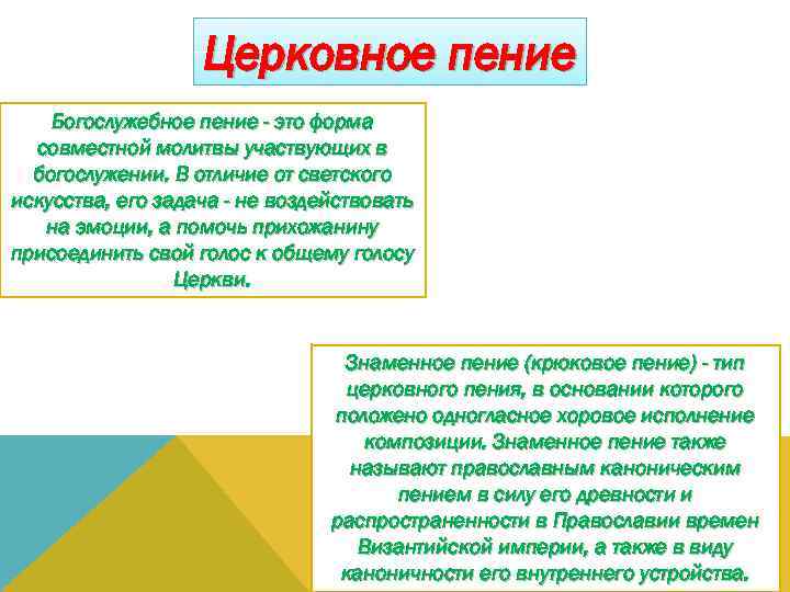 Церковное пение Богослужебное пение - это форма совместной молитвы участвующих в богослужении. В отличие