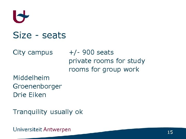 Size - seats City campus +/- 900 seats private rooms for study rooms for