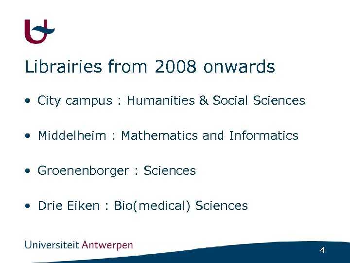 Librairies from 2008 onwards • City campus : Humanities & Social Sciences • Middelheim