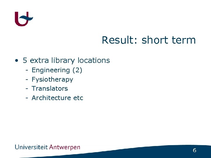 Result: short term • 5 extra library locations - Engineering (2) Fysiotherapy Translators Architecture