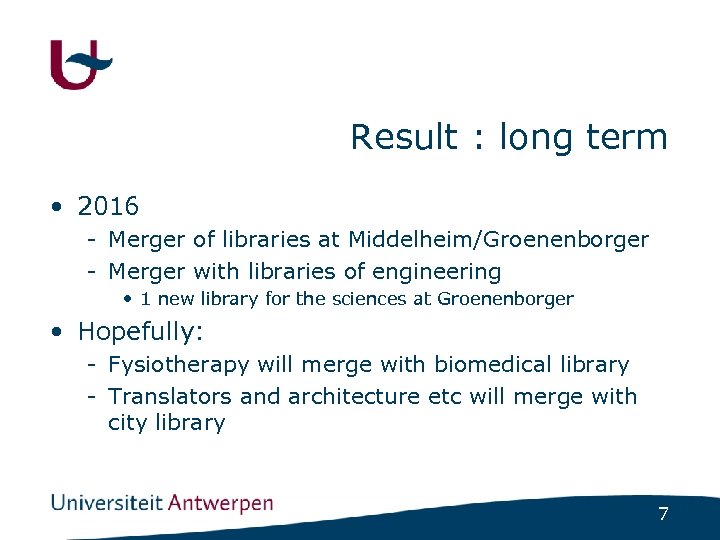 Result : long term • 2016 - Merger of libraries at Middelheim/Groenenborger - Merger