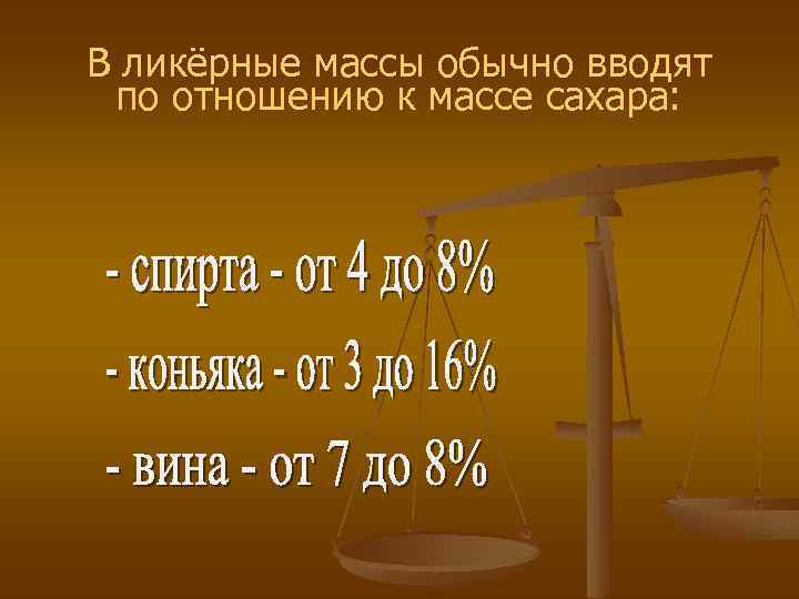 В ликёрные массы обычно вводят по отношению к массе сахара: 