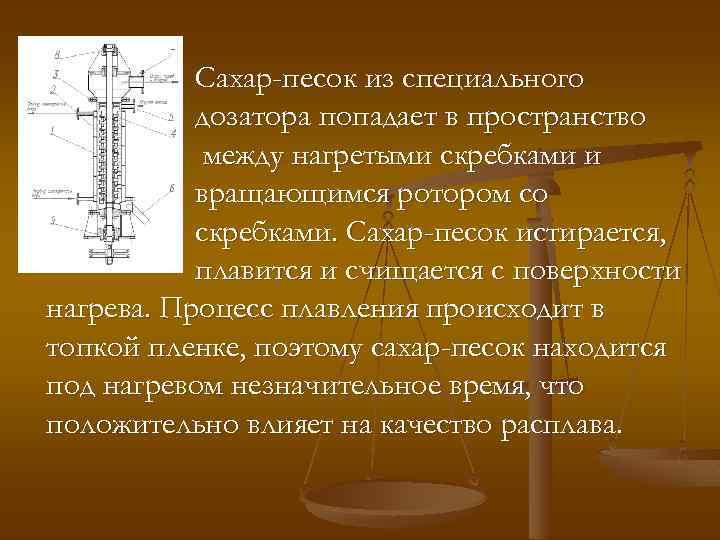 Сахар-песок из специального дозатора попадает в пространство между нагретыми скребками и вращающимся ротором со