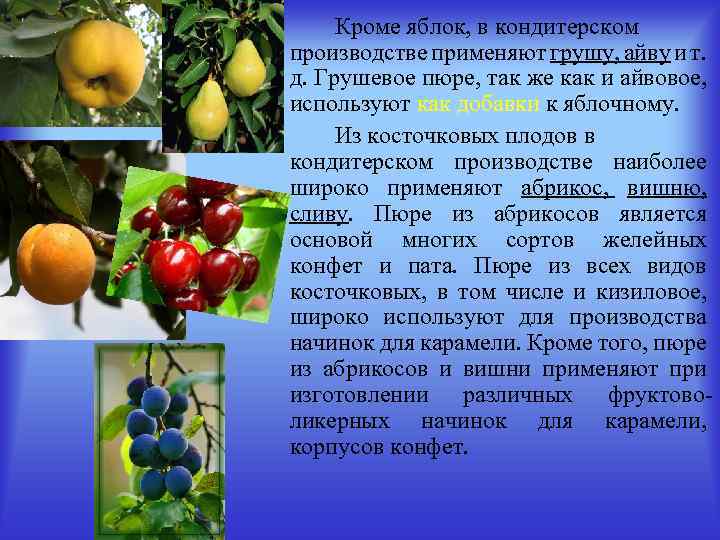 Кроме яблок, в кондитерском производстве применяют грушу, айву и т. д. Грушевое пюре, так
