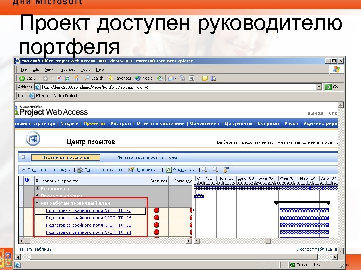 Проект доступен руководителю портфеля 