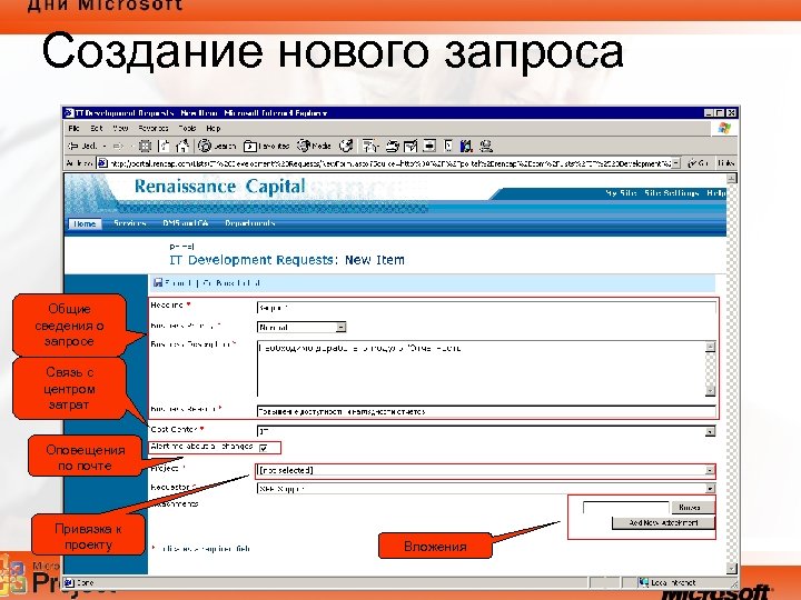Создание нового запроса Общие сведения о запросе Связь с центром затрат Оповещения по почте