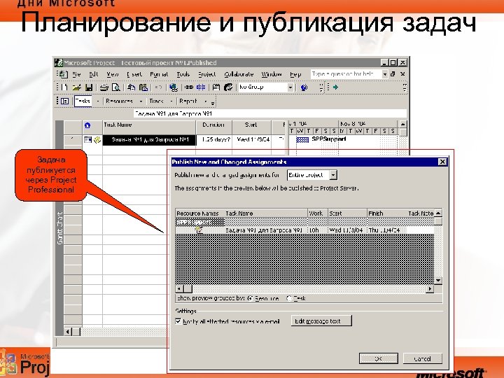 Планирование и публикация задач Задача публикуется через Project Professional 