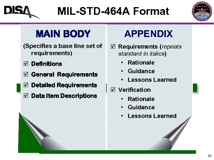 MIL-STD-464 A Format MAIN BODY (Specifies a base line set of requirements) þ Definitions