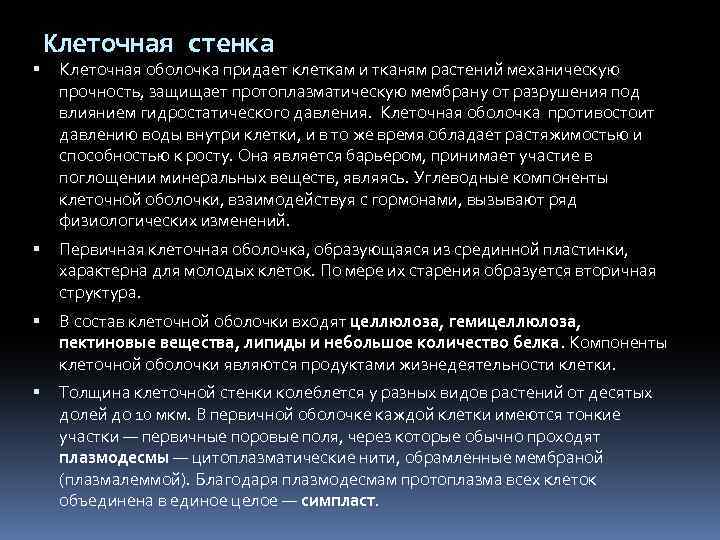 Клеточная стенка Клеточная оболочка придает клеткам и тканям растений механическую прочность, защищает протоплазматическую мембрану