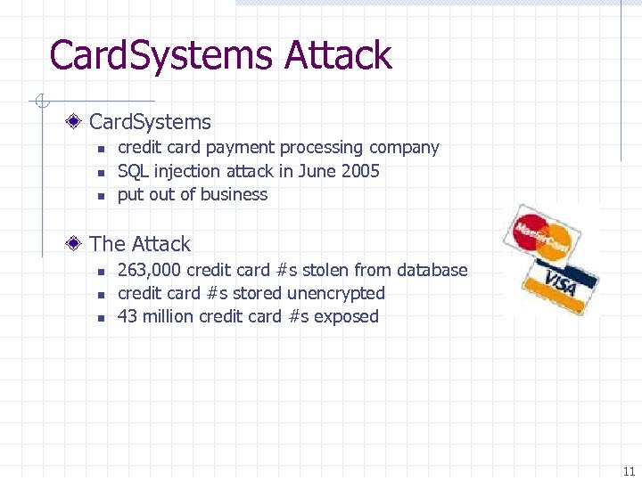 Card. Systems Attack Card. Systems n n n credit card payment processing company SQL